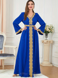 Lace Trim Kaftan Dress, Elegant V Neck Long Sleeve Maxi Dress, Women's Clothing