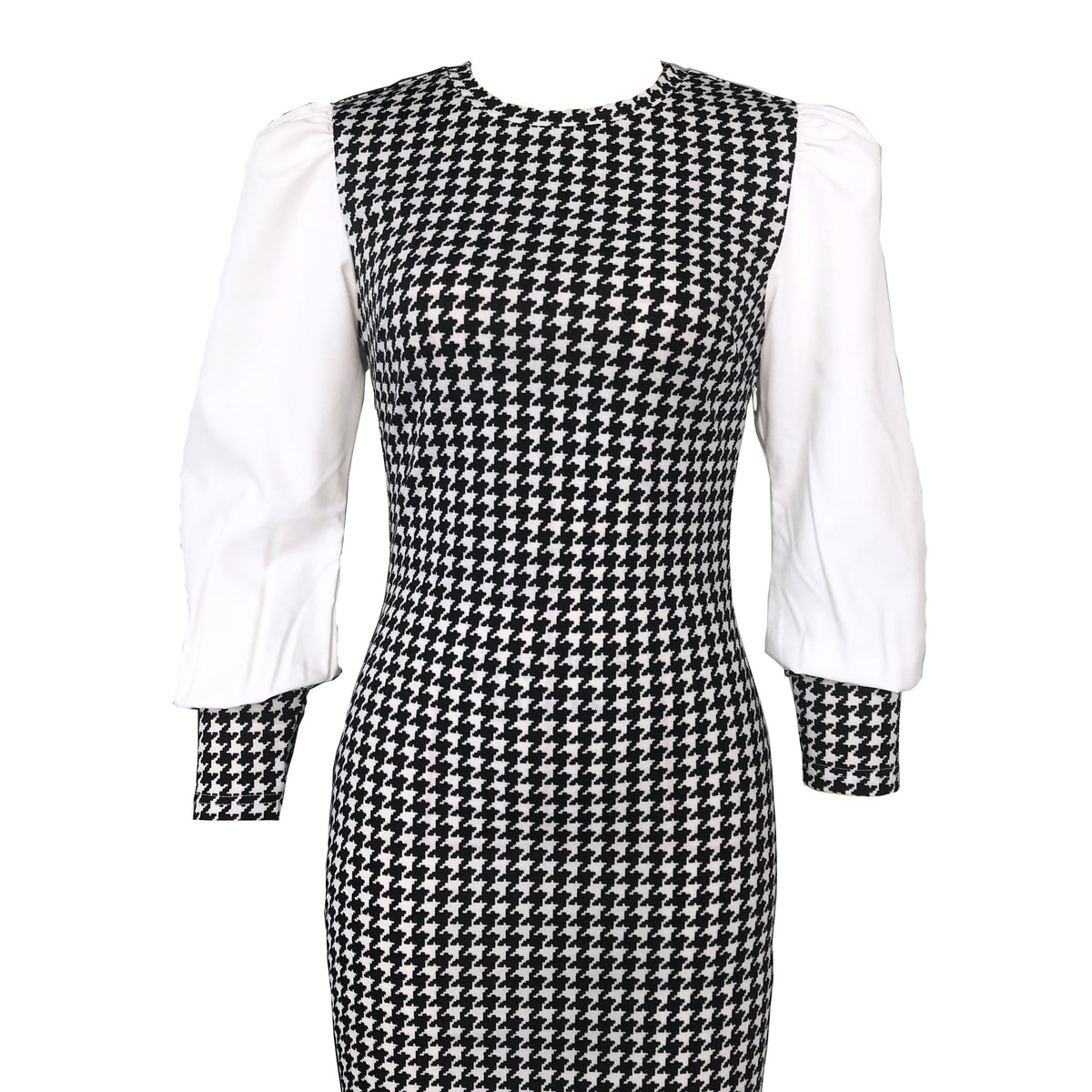 Houndstooth Print Splicing Dress, Elegant Bodycon Ruched Long Sleeve Dress, Women's Clothing