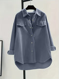 Solid Button Front Corduroy Shirt, Versatile Long Sleeve Loose Shirt For Spring & Fall, Women's Clothing