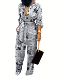 gbolsos  Newspaper Print Tie Front Jumpsuit, Casual Button Down One Piece Jumpsuit For All-seasons, Women's Clothing