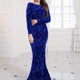 Contrast Sequin Mermaid Hem Dress, Elegant Long Sleeve Evening Party Dress, Women's Clothing