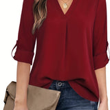 Solid Simple Blouse, Casual V Neck Long Sleeve Blouse, Women's Clothing