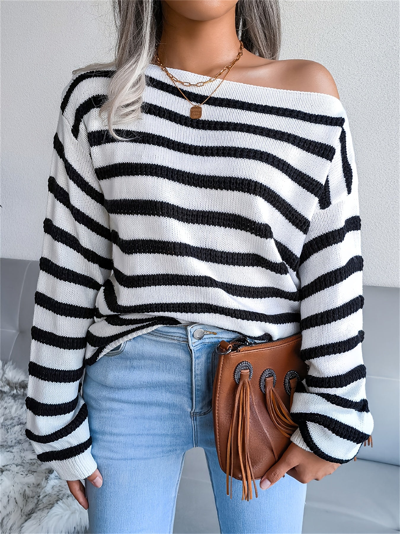 gbolsos  Striped Off Shoulder Sweater, Casual Loose Long Sleeve Sweater, Casual Tops For Fall & Winter, Women's Clothing
