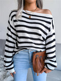 gbolsos  Striped Off Shoulder Sweater, Casual Loose Long Sleeve Sweater, Casual Tops For Fall & Winter, Women's Clothing