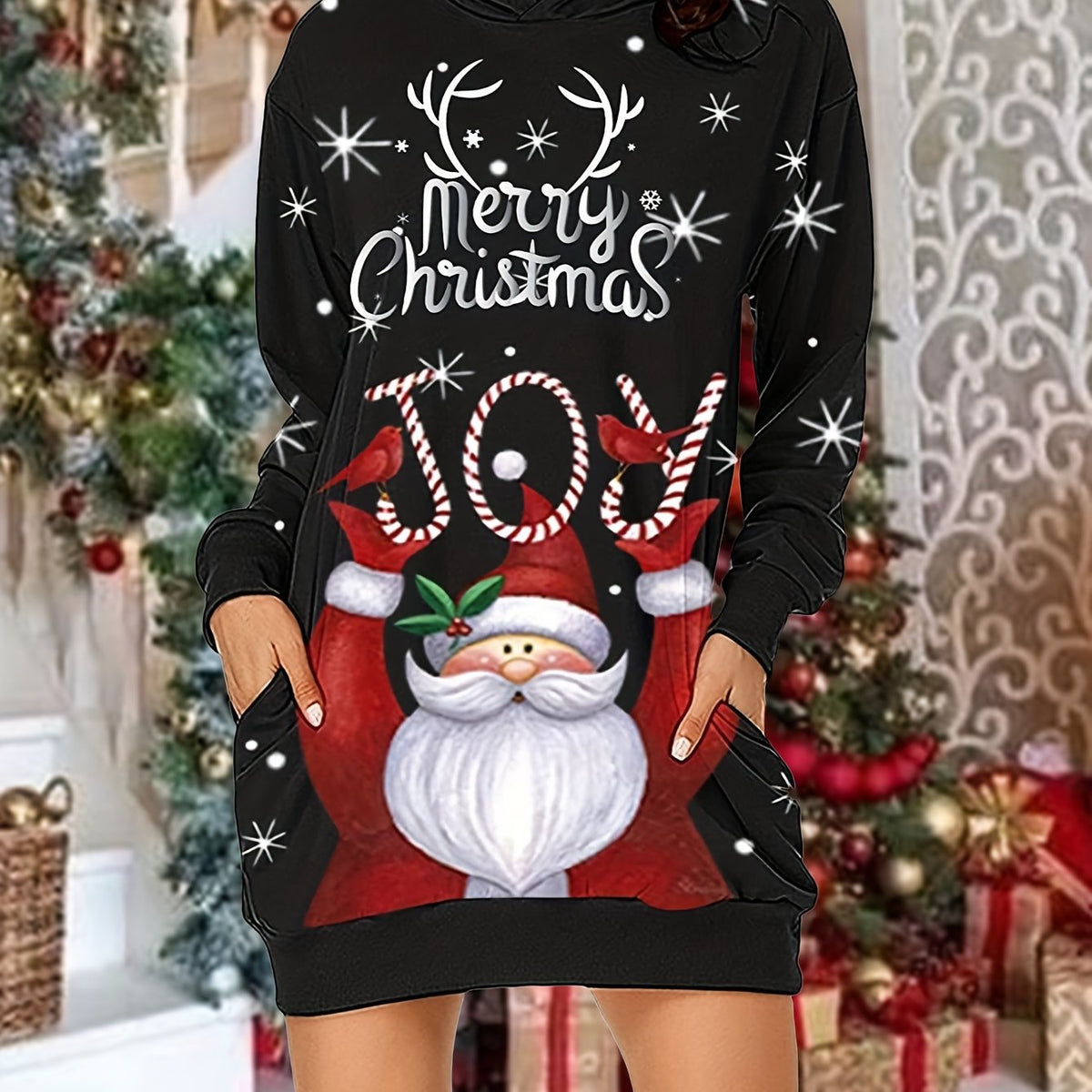 Christmas Print Casual Hoodie Dress Long Sleeve Hooded Dress