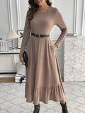 Ruffle Hem Ribbed A-line Dress, Elegant Crew Neck Long Sleeve Dress, Women's Clothing