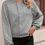 Solid Button Front Bomber Jacket, Casual Long Sleeve Outwear For Spring & Fall, Women's Clothing