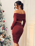 Elegant Solid Two-piece Skirt Set, Off Shoulder Ruched Long Sleeve Crop Top & Bodycon Skirts Outfits, Women's Clothing