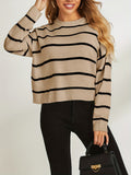 Stripe Print Drop Shoulder Knit Sweater, Casual Crew Neck Long Sleeve Pullover Sweater, Women's Clothing