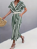 gbolsos  Striped Surplice Neck Belted Jumpsuit, Casual Batwing Sleeve Jumpsuit For Spring & Summer, Women's Clothing