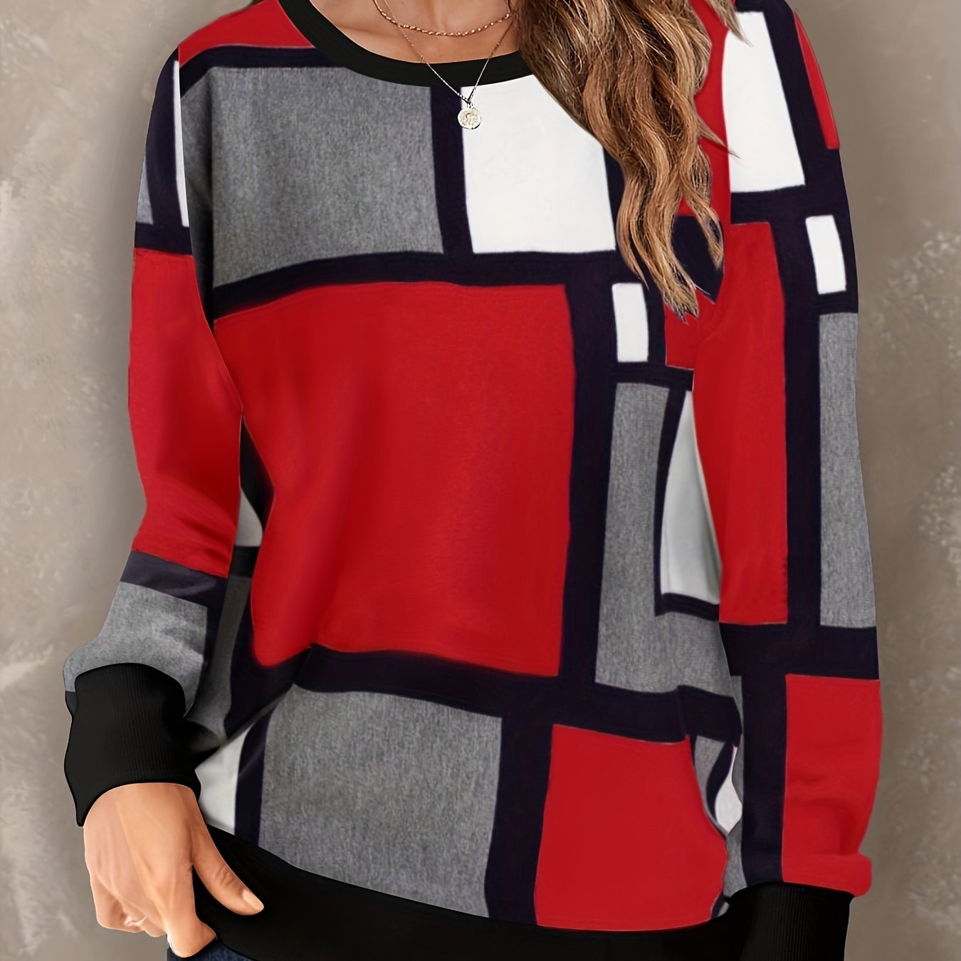 gbolsos  Color Block Crew Neck Pullover Sweatshirt, Casual Long Sleeve Sweatshirt For Spring & Fall, Women's Clothing