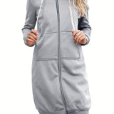 Solid Zip Up Long Length Hoodie, Casual Long Sleeve Drawstring Hoodies Sweatshirt, Women's Clothing