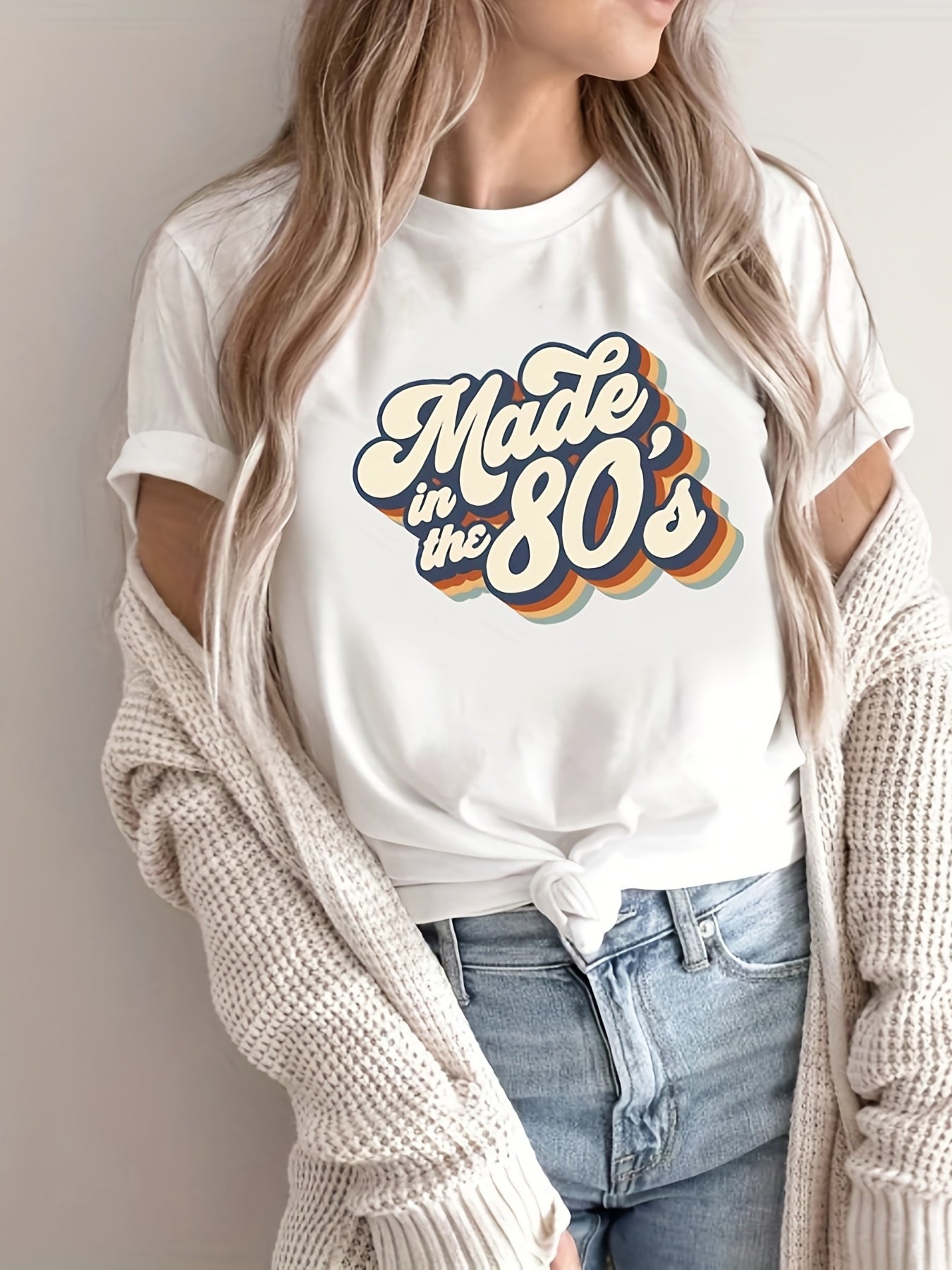 gbolsos  "Made In The 203.2cms" Letter Print T-shirts, Crew Neck Short Sleeve Summer Sports Top, Women's Clothing