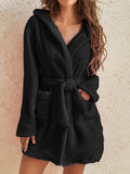 Simple Solid Fuzzy Night Robe, Casual Long Sleeve Hooded Robe With Belt & Pockets, Women's Sleepwear