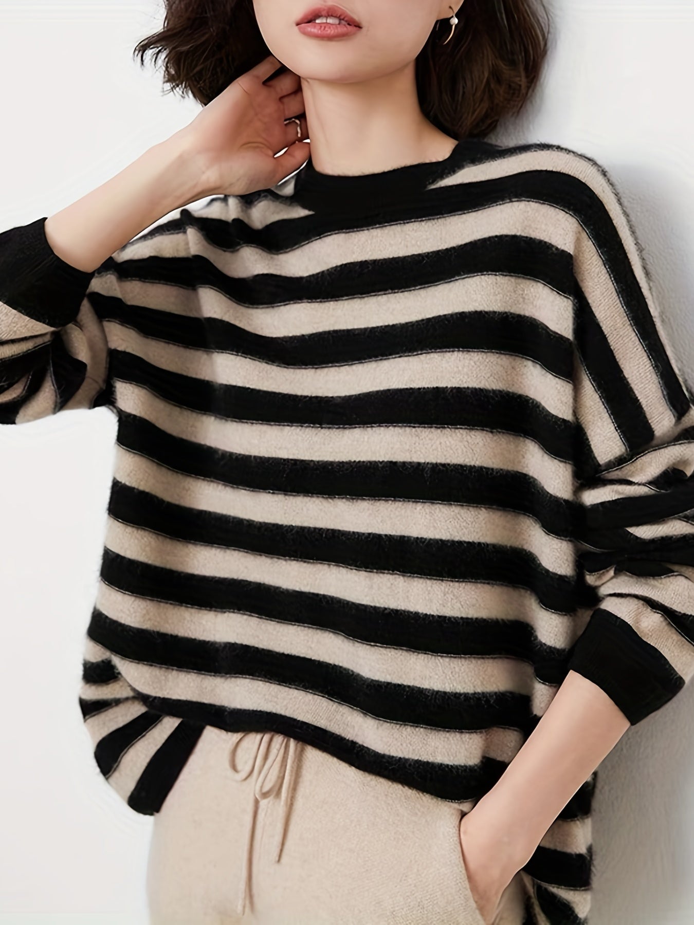 gbolsos  Striped Crew Neck Wool Sweater, Vintage Long Sleeve Loose Sweater, Women's Clothing