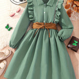 Girl's Casual Dress Button Collar Belted Pleated A Line Midi Dress Long Sleeve Ruffle Trim Shirt Dresses