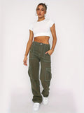 Army Green Cargo Pants, Flap Pockets High Waist Loose Fit Non-Stretch Casual Denim Pants, Y2K Kpop Vintage Style, Women's Denim Jeans & Clothing