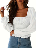 Square Neck Frill Smock Crop Blouses, Sexy Shirred Long Sleeve Fashion Shirts Crop Tops, Women's Clothing