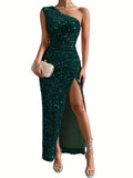 Sequined One Shoulder Split Dress, Elegant Bodycon Dress For Party & Banquet, Women's Clothing