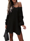 Solid Sweater Dress, Casual V Neck Long Sleeve Versatile Dress, Women's Clothing