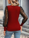 kkboxly  Solid Color Lace Patchwork Ballon Sleeve Ribbed Knit Tops, Elegant Everyday Blouse, Women's Clothing