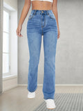 Light Blue Casual Bootcut Jeans, Mid-Stretch Slant Pockets High Waist Denim Pants, Women's Denim Jeans & Clothing