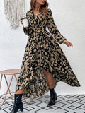 Allover Print Ruffle Hem Dress, Elegant V Neck Long Sleeve Dress, Women's Clothing