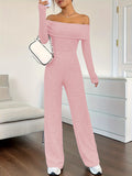 Ribbed Off Shoulder Jumpsuit, Casual Long Sleeve Jumpsuit For Spring & Fall, Women's Clothing