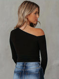 Solid Cold Shoulder T-Shirt, Casual Long Sleeve Top For Spring & Fall, Women's Clothing