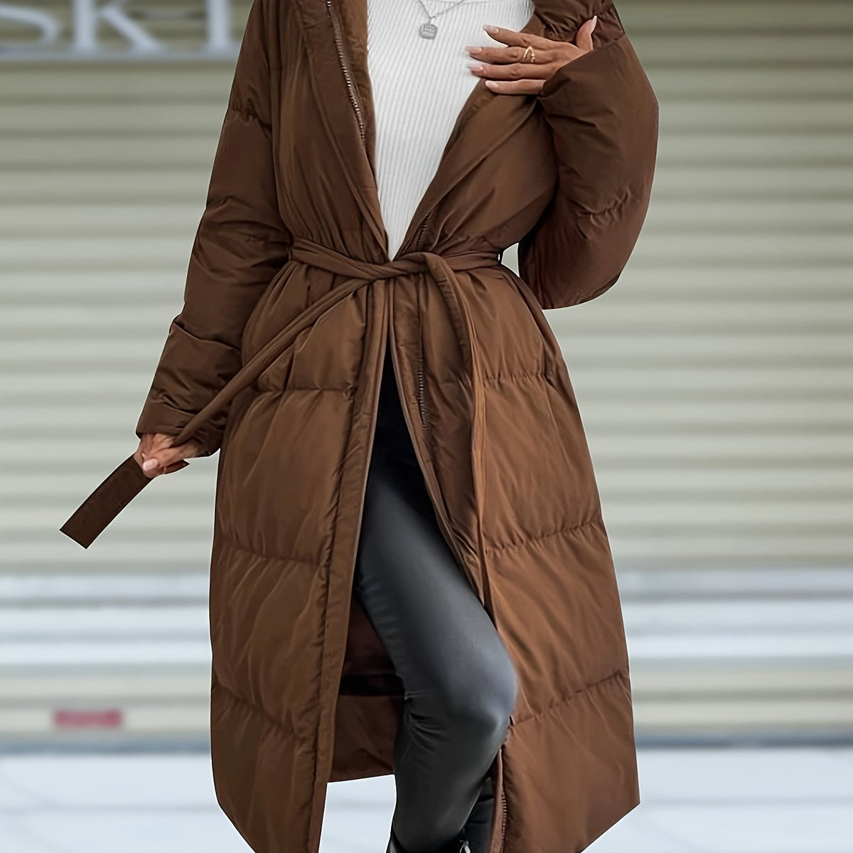 Solid Hooded Mid Length Coat, Elegant Zip Up Long Sleeve Outerwear, Women's Clothing