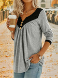 Women's Color Block V-Neck Long Sleeve Tops, Casual Daily Pullover T-Shirts, Women's Clothing