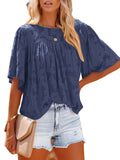 gbolsos  Casual Lace Flare Sleeve Blouse, Short Sleeve Crew Neck Solid Blouse, Casual Every Day Tops, Women's Clothing