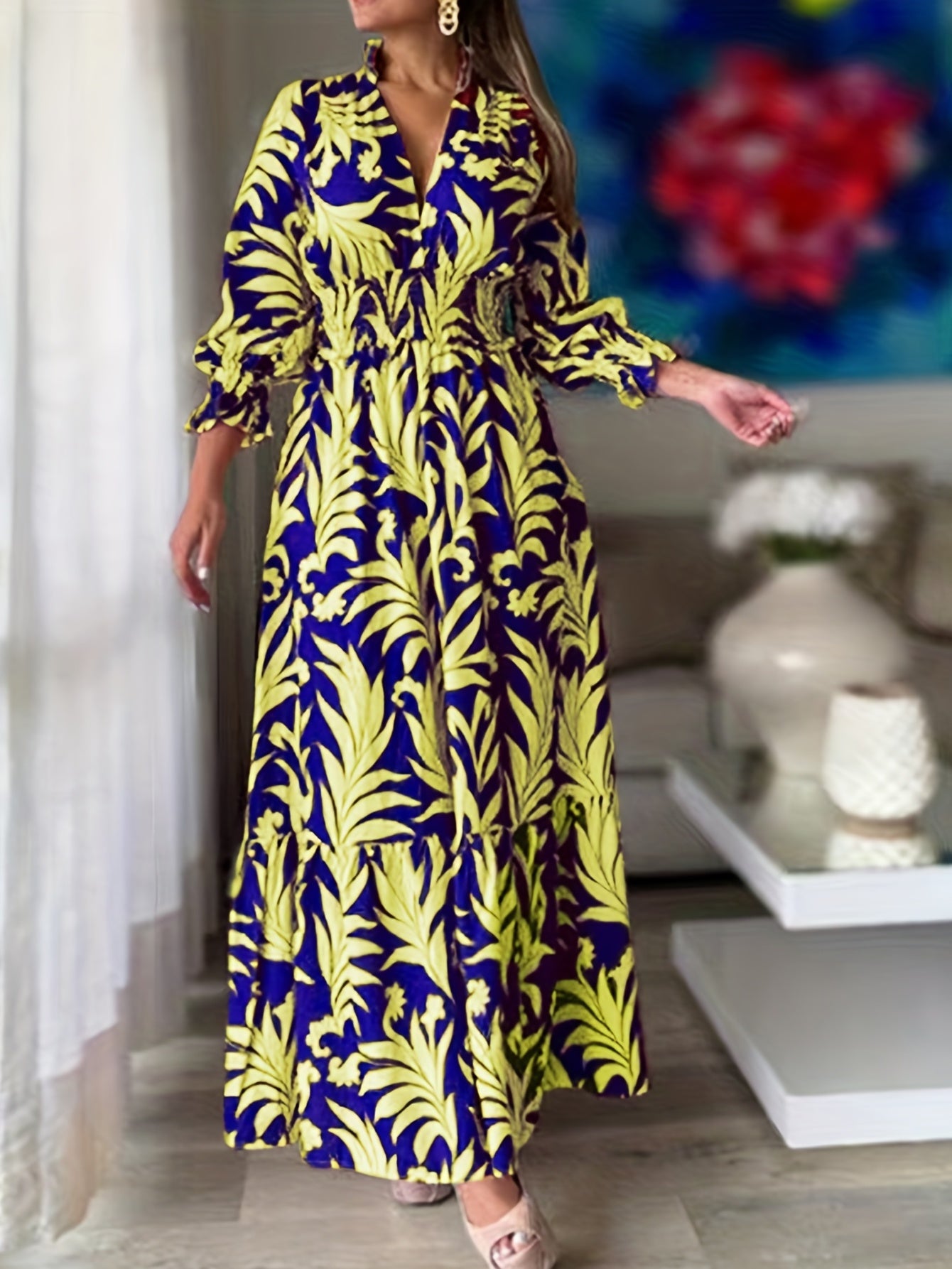 gbolsos  Plus Size Casual Dress, Women's  Plus Floral Print Shirred Lantern Sleeve V Neck Maxi Dress
