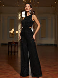 gbolsos  Solid Color Wide Leg Jumpsuit, Elegant Contrast Sequin Sleeveless Jumpsuit, Women's Clothing