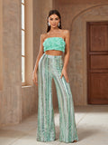 gbolsos  Elegant Two-piece Set, Floral Patttern Crop Tube Top & Sequined Wide Leg Pants Outfits, Women's Clothing