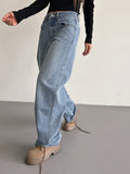 gbolsos  Loose Fit Washed Straight Jeans, Slant Pockets Non-Stretch Casual Denim Pants, Women's Denim Jeans & Clothing