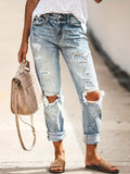 gbolsos  Blue Loose Fit Straight Jeans, Slash Pockets Ripped Holes Distressed Denim Pants, Women's Denim Jeans & Clothing