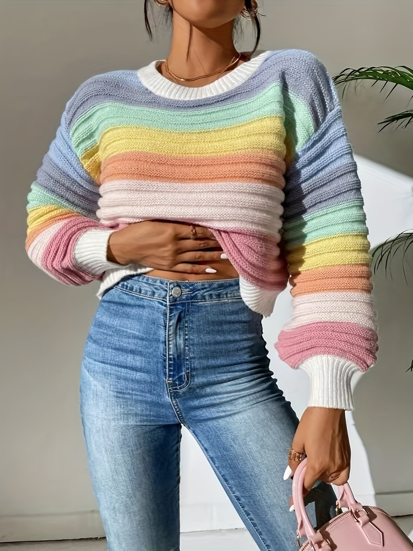 gbolsos  Striped Pattern Crew Neck Sweater, Casual Long Lantern Sleeve Sweater For Spring & Fall, Women's Clothing
