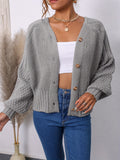 Solid V Neck Button Up Cardigan, Casual Lantern Sleeve Sweater, Women's Clothing