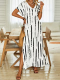 Striped Print Split Maxi Dress, Casual V Neck Short Sleeve Dress, Women's Clothing
