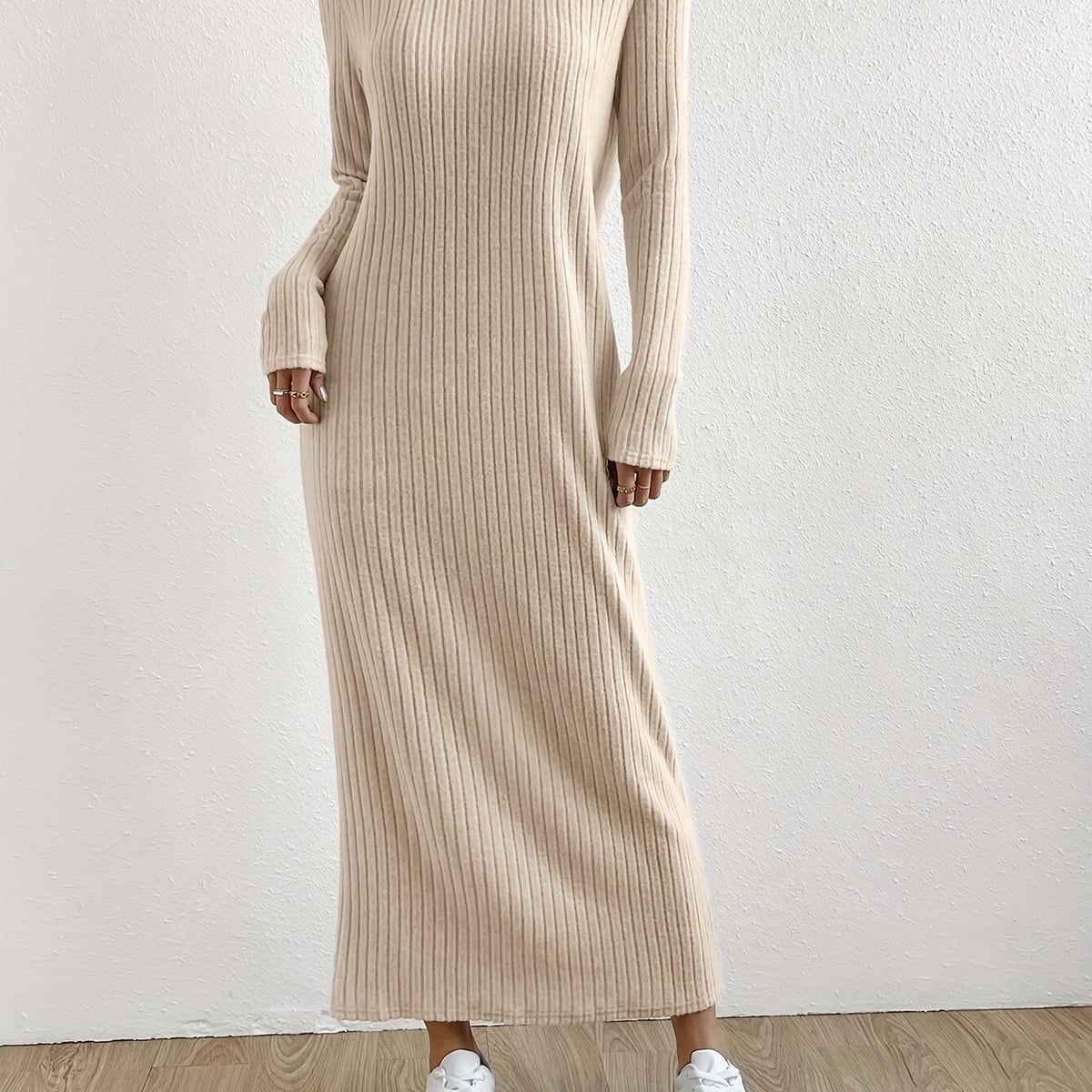 Solid Ribbed Knit Maxi Dress, Casual Crew Neck Long Sleeve Straight Maxi Dress For Fall & Winter, Women's Clothing