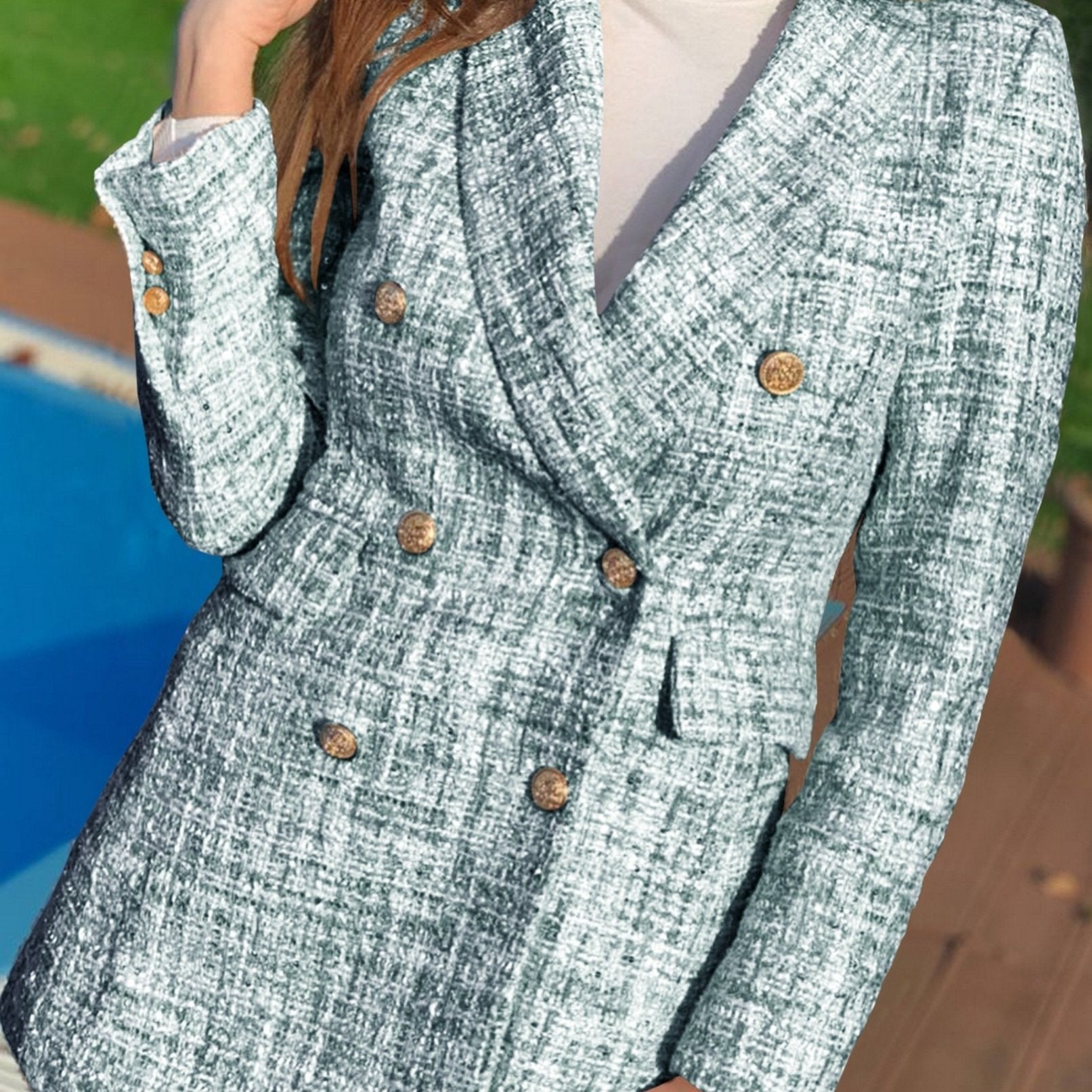 gbolsos  Women's Outerwear Tweed Double Breasted Collared Elegant Blazer, Casual Top For Spring & Fall, Women's Clothing