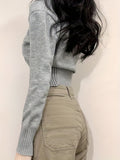 gbolsos  Solid Notched  Collar Pullover Sweater, Casual Long Sleeve Crop Sweater For Spring & Fall, Women's Clothing
