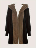 Color Block Hooded Coat, Elegant Open Front Long Sleeve Warm Winter Outerwear, Women's Clothing