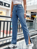 gbolsos  Blue Split Side Denim Pants, Slash Pockets High Waist Versatile Straight Jeans, Women's Denim Jeans & Clothing