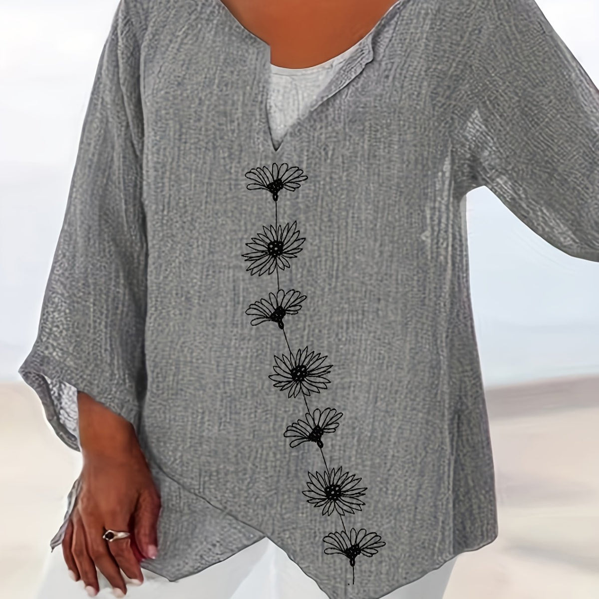 Plus Size Casual Top, Women's Plus Floral Print Long Sleeve Notched Neck Asymmetrical Hem Slight Stretch Top