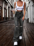 gbolsos  Plain Pipped Holes Flare Jeans, Slash Pockets Distressed High Waist Bell Bottom High Rise Denim Pants, Women's Denim Jeans & Clothing