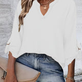 Solid Long Sleeve Blouse, V Neck Casual Every Day Top For Summer & Spring, Women's Clothing