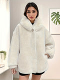 gbolsos Faux Fur Zip Up Hooded Coat, Casual Button Long Sleeve Winter Warm Outerwear, Women's Clothing