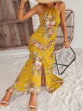 gbolsos  Floral Print Split Halter Neck Dress, Sexy Halter Dress For Spring & Summer, Women's Clothing